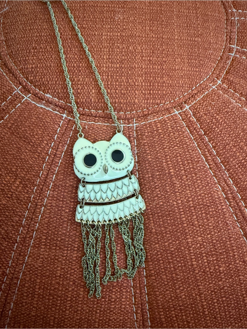 Gold-Tone White Enamel Owl Pendant Necklace - Women Jewelry